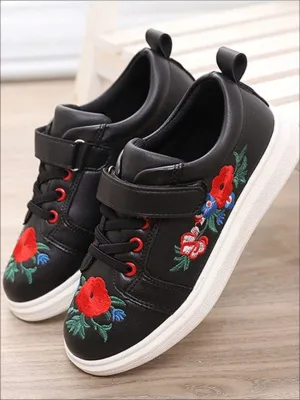 Girls Synthetic Leather Flower Embroidered Sneakers By Liv and Mia