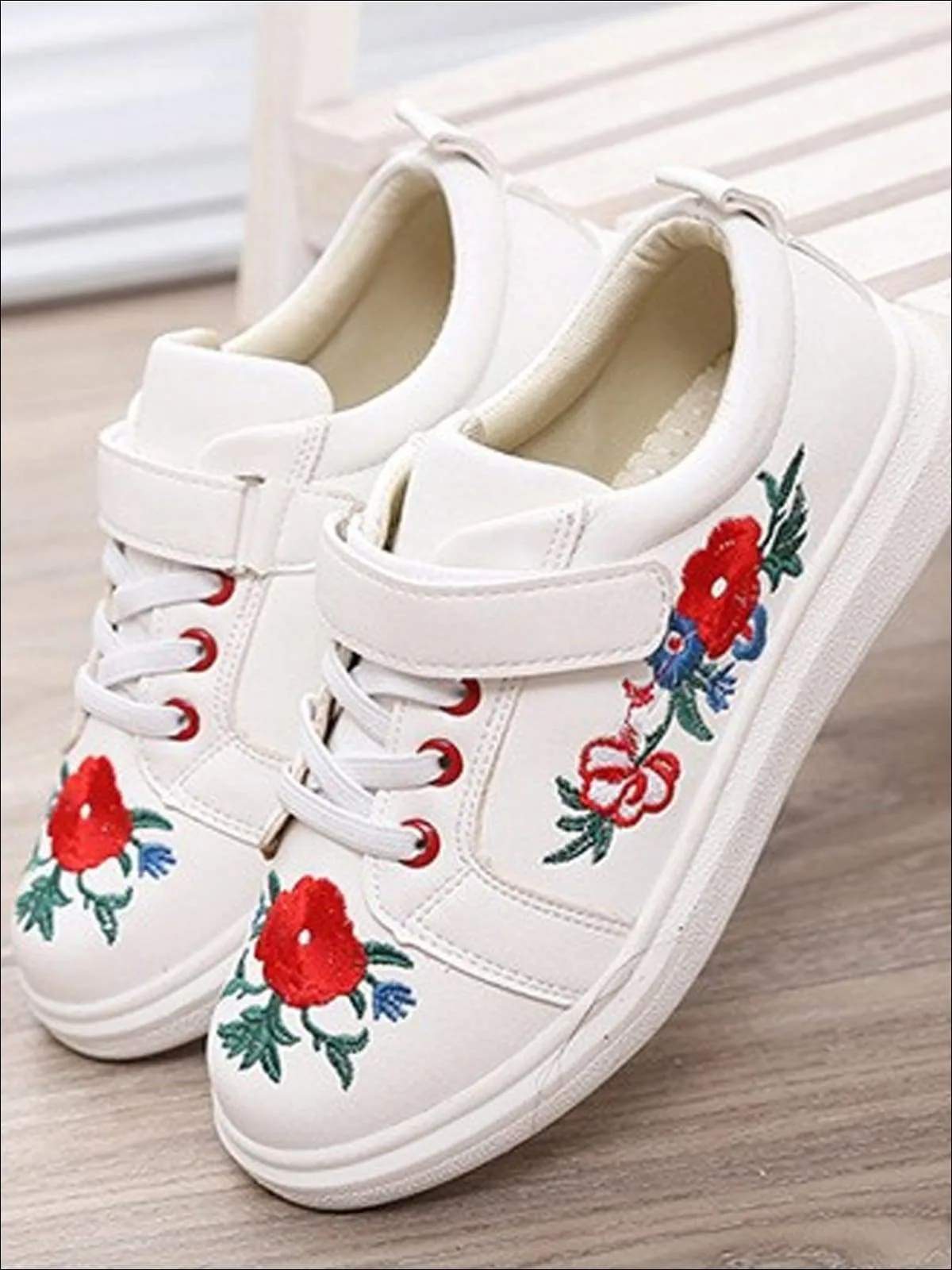 Girls Synthetic Leather Flower Embroidered Sneakers By Liv and Mia