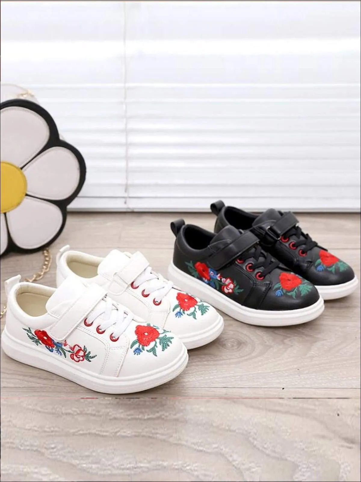 Girls Synthetic Leather Flower Embroidered Sneakers By Liv and Mia