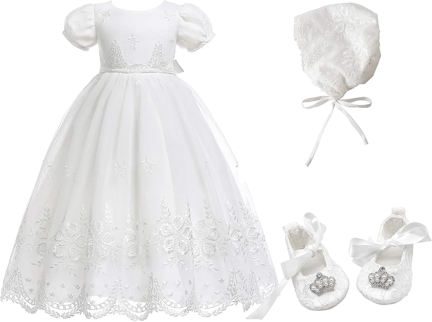 Glamulice Baby-Girls Newborn Satin Christening Baptism Floral Embroidered Dress Gown Outfit