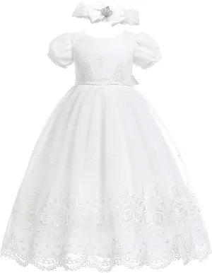 Glamulice Baby-Girls Newborn Satin Christening Baptism Floral Embroidered Dress Gown Outfit