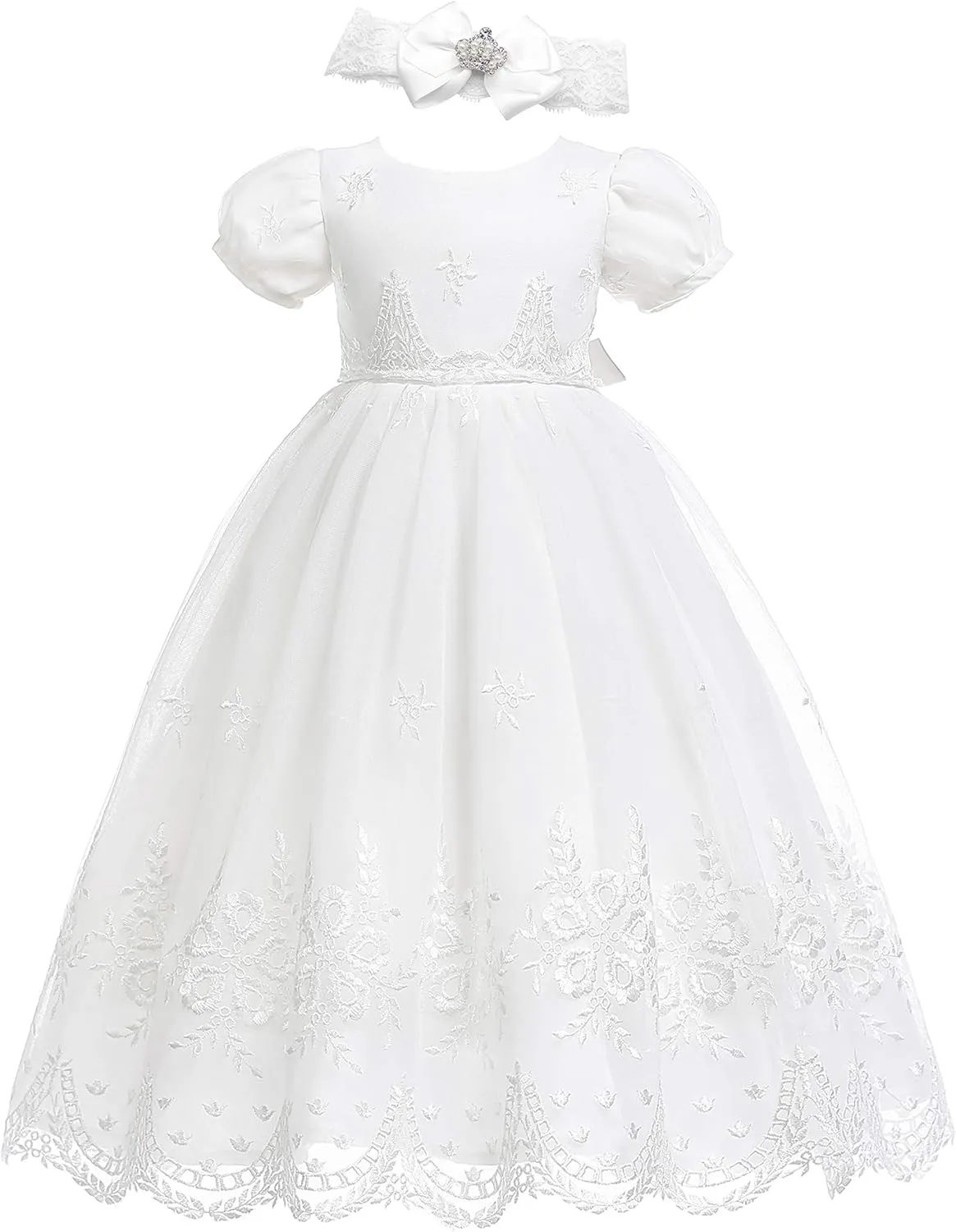 Glamulice Baby-Girls Newborn Satin Christening Baptism Floral Embroidered Dress Gown Outfit