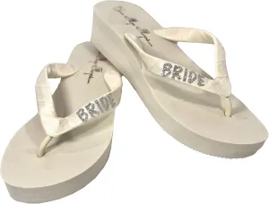 Glitter Bride Ivory Wedge Flip Flops, Wedding Sandals with Satin & Sparkles, 1.5” and 2” heel