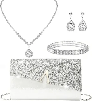 Glitter Evening Clutch Purse for Women Sparkly Shiny Handbag Ladies Wedding Prom Purse with Detachable Chain 4 Pieces Rhinestone Jewelry Set