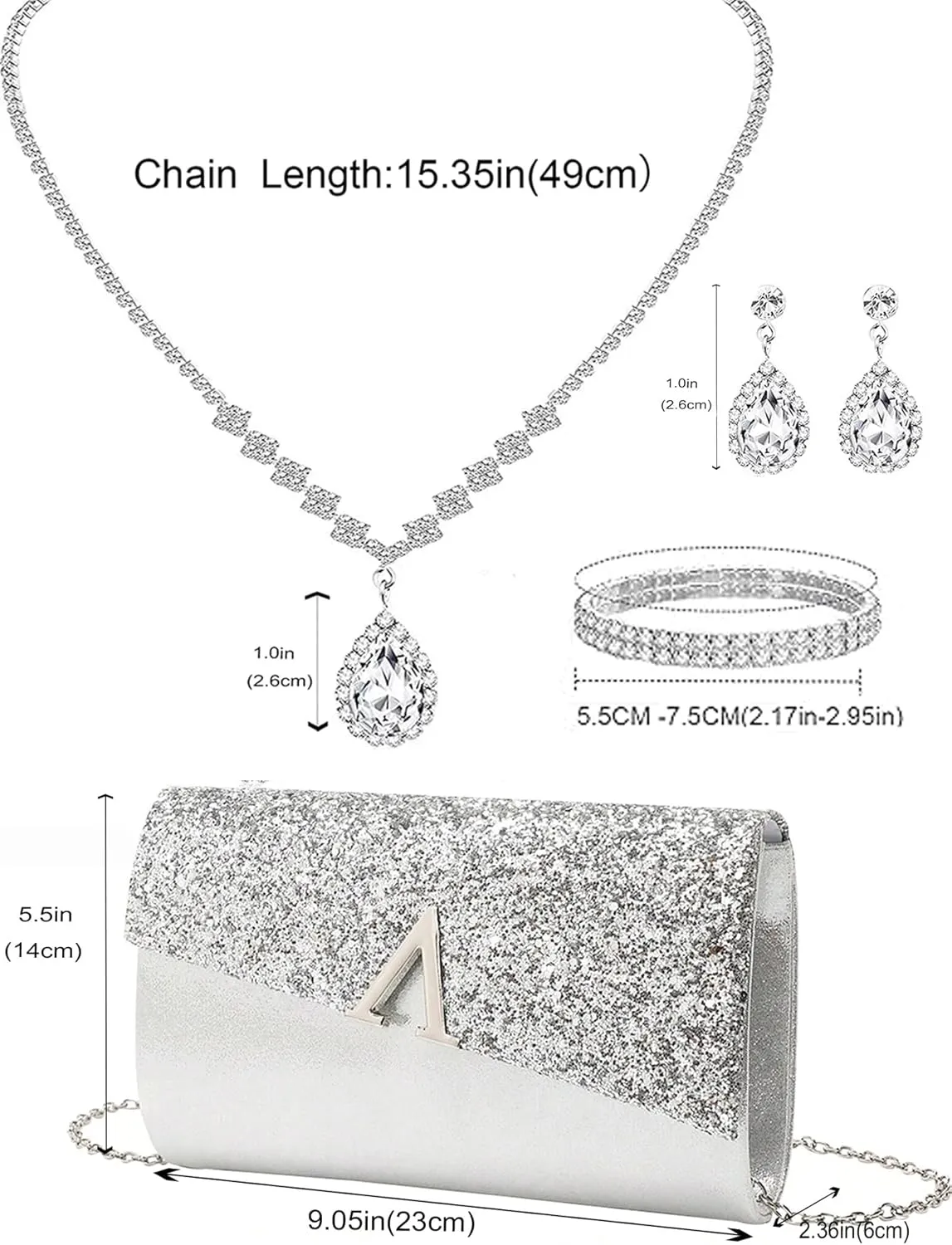 Glitter Evening Clutch Purse for Women Sparkly Shiny Handbag Ladies Wedding Prom Purse with Detachable Chain 4 Pieces Rhinestone Jewelry Set