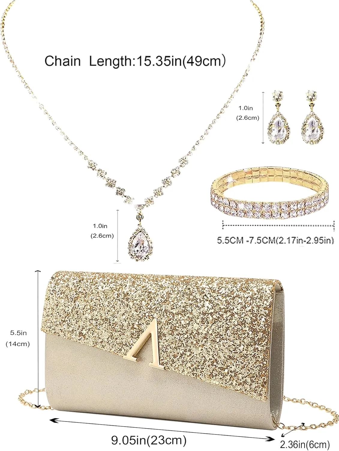 Glitter Evening Clutch Purse for Women Sparkly Shiny Handbag Ladies Wedding Prom Purse with Detachable Chain 4 Pieces Rhinestone Jewelry Set