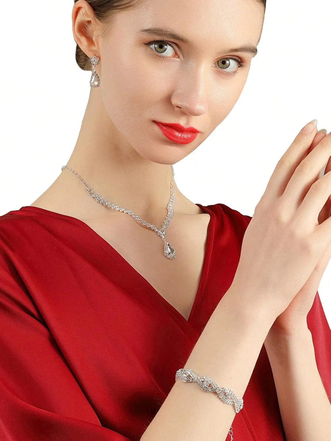 Glitter Evening Clutch Purse for Women Sparkly Shiny Handbag Ladies Wedding Prom Purse with Detachable Chain 4 Pieces Rhinestone Jewelry Set
