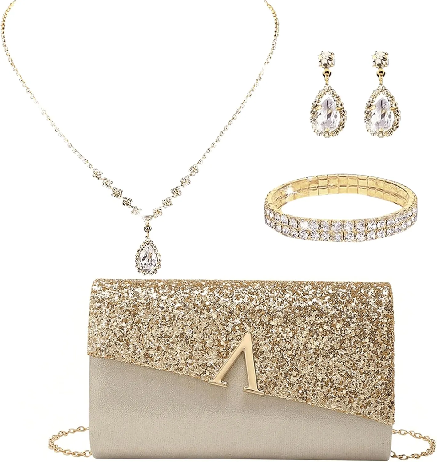 Glitter Evening Clutch Purse for Women Sparkly Shiny Handbag Ladies Wedding Prom Purse with Detachable Chain 4 Pieces Rhinestone Jewelry Set