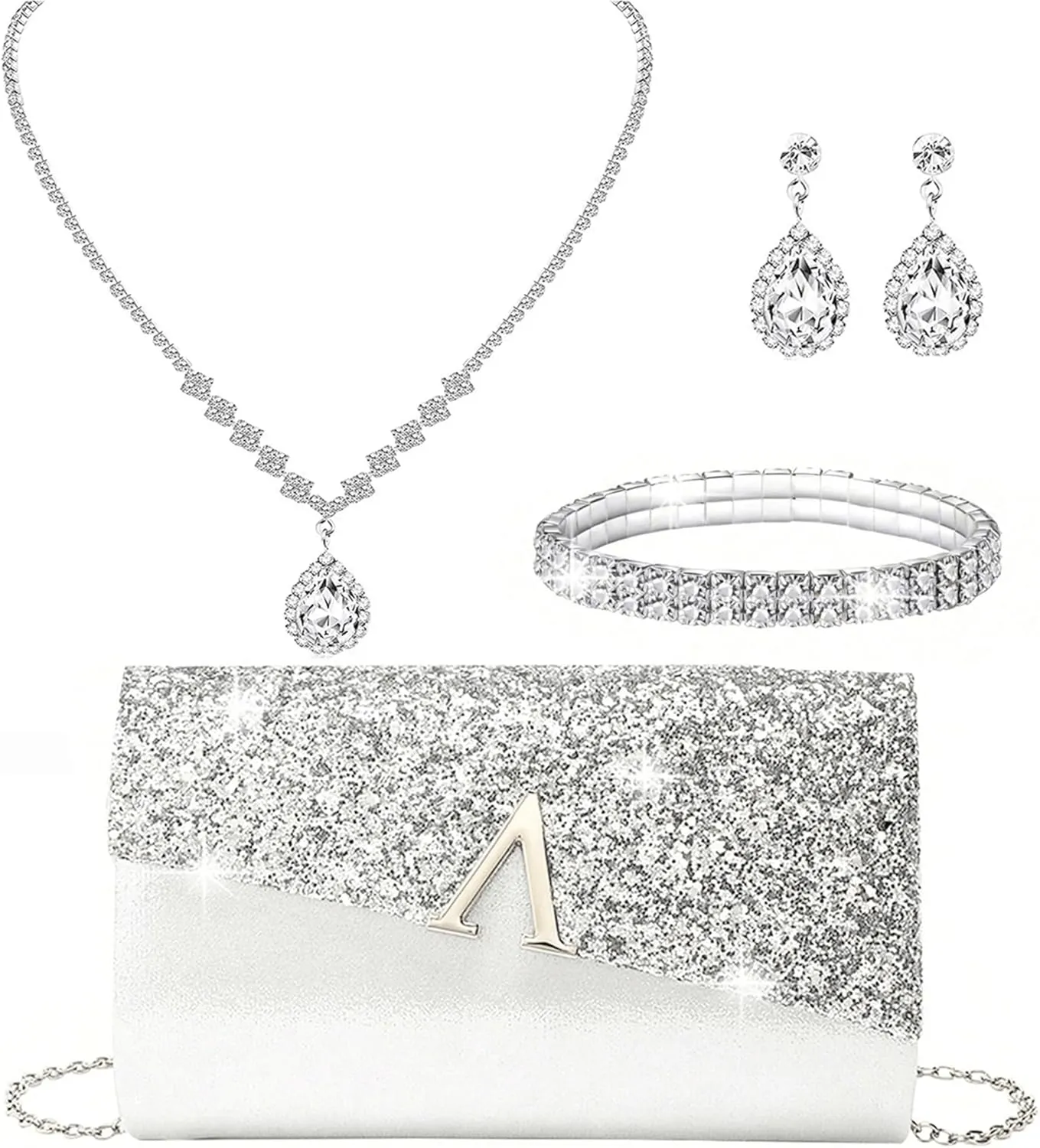 Glitter Evening Clutch Purse for Women Sparkly Shiny Handbag Ladies Wedding Prom Purse with Detachable Chain 4 Pieces Rhinestone Jewelry Set