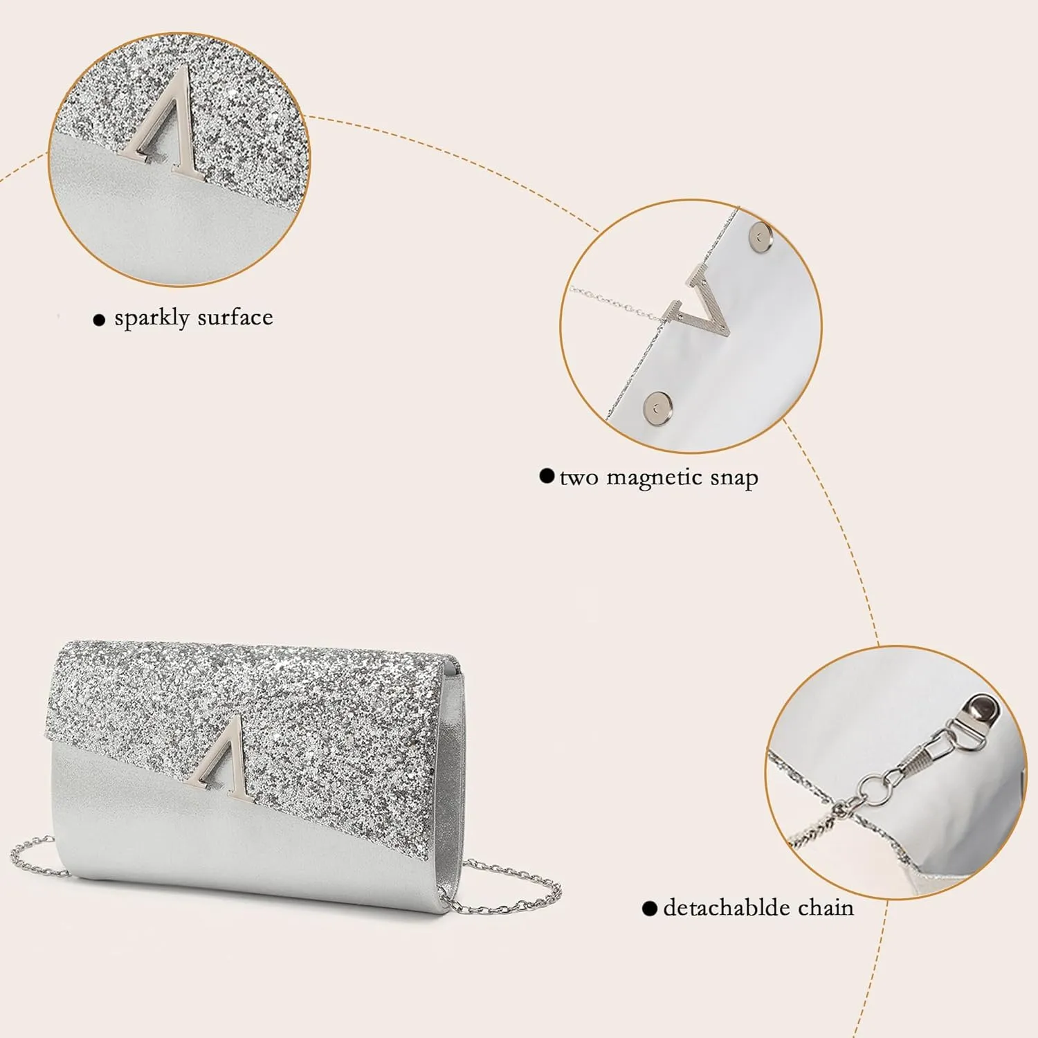 Glitter Evening Clutch Purse for Women Sparkly Shiny Handbag Ladies Wedding Prom Purse with Detachable Chain 4 Pieces Rhinestone Jewelry Set