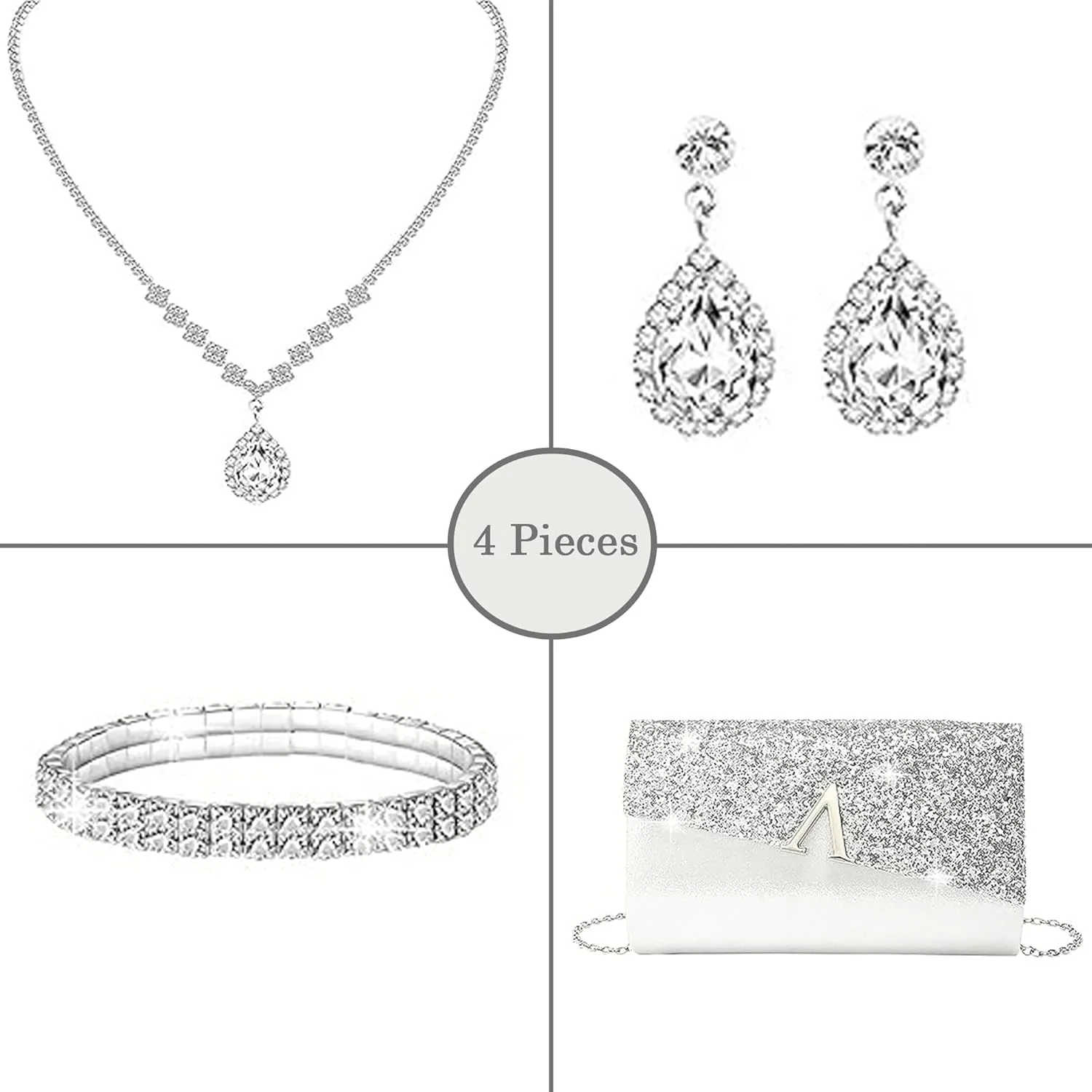Glitter Evening Clutch Purse for Women Sparkly Shiny Handbag Ladies Wedding Prom Purse with Detachable Chain 4 Pieces Rhinestone Jewelry Set