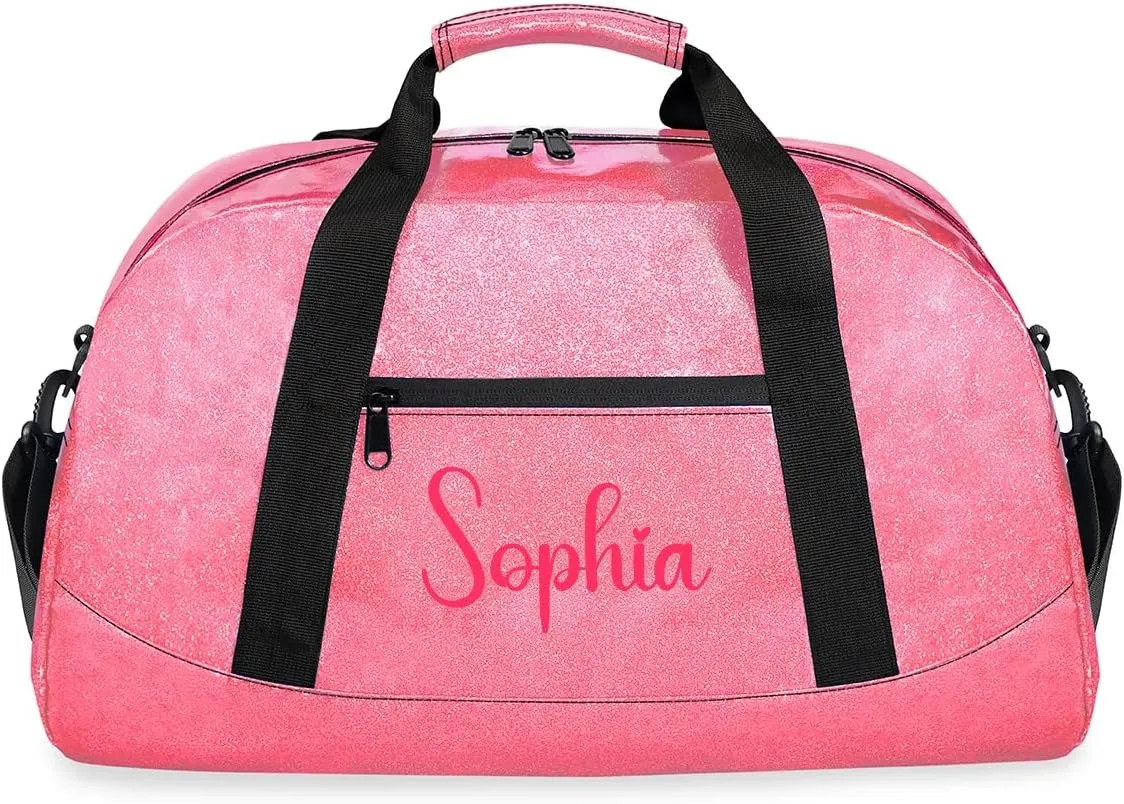 Glitter Girls Duffel Bags Travel Kids Sports Bag for Boys Gym Bag with Name Small Dance Tote for Dancing Girls Glitter Pink Name