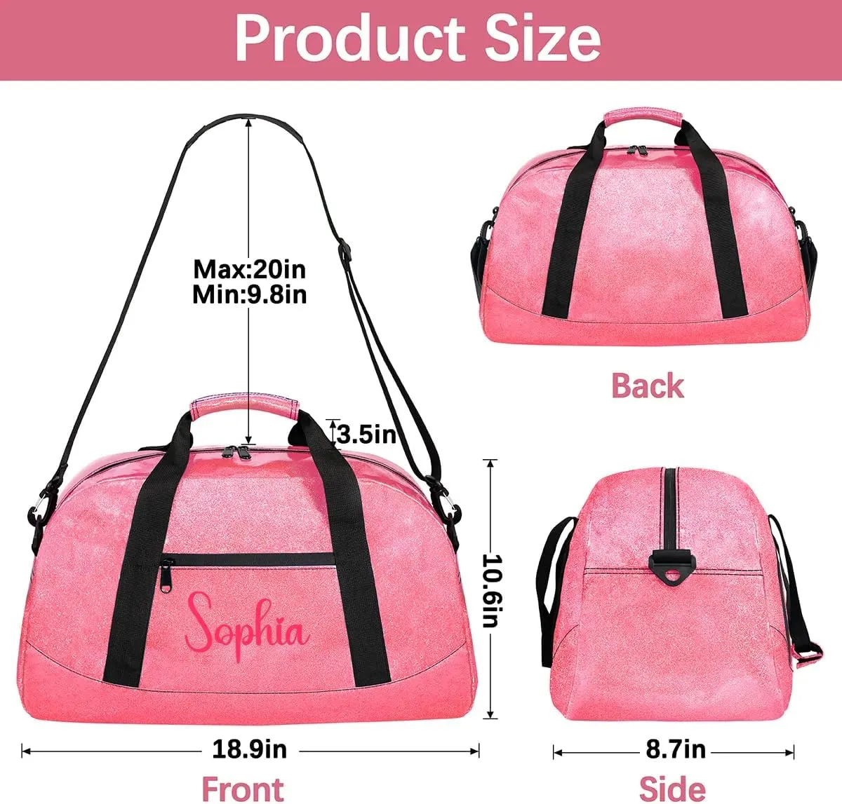 Glitter Girls Duffel Bags Travel Kids Sports Bag for Boys Gym Bag with Name Small Dance Tote for Dancing Girls Glitter Pink Name