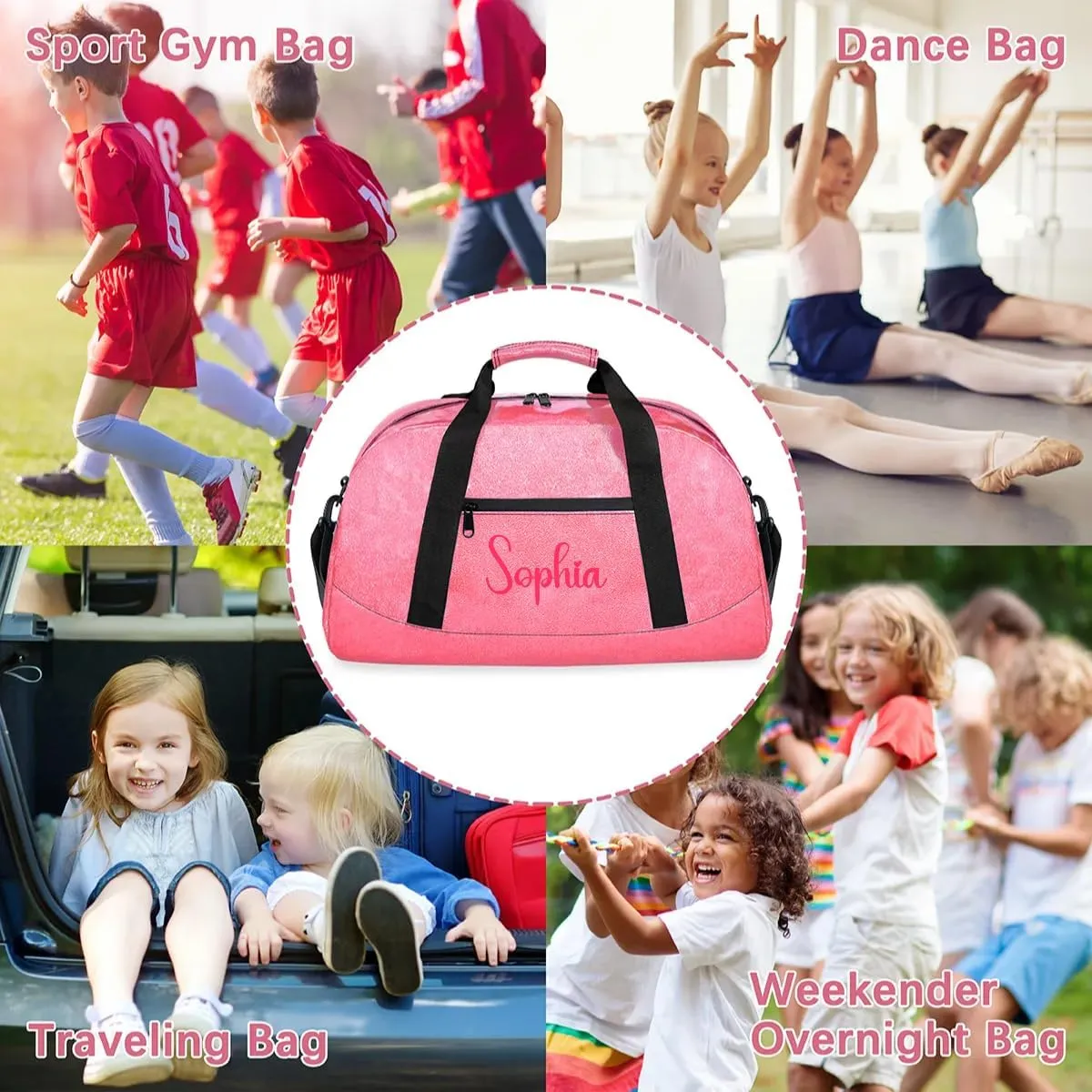 Glitter Girls Duffel Bags Travel Kids Sports Bag for Boys Gym Bag with Name Small Dance Tote for Dancing Girls Glitter Pink Name