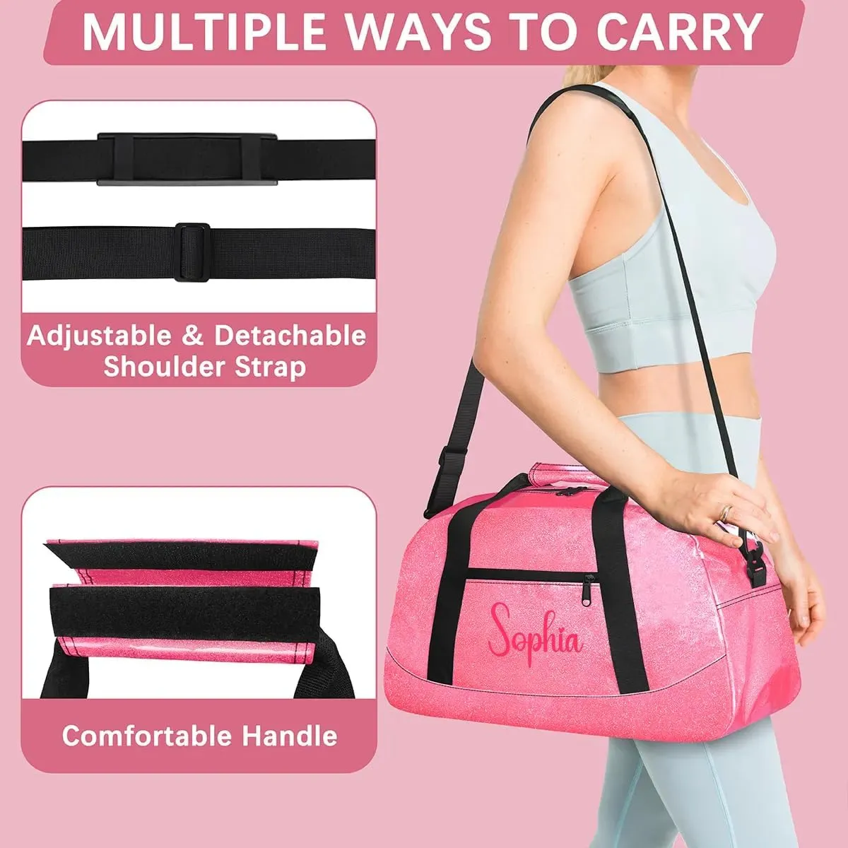 Glitter Girls Duffel Bags Travel Kids Sports Bag for Boys Gym Bag with Name Small Dance Tote for Dancing Girls Glitter Pink Name