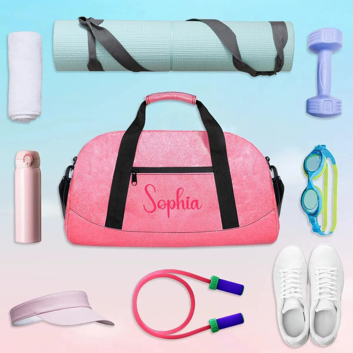 Glitter Girls Duffel Bags Travel Kids Sports Bag for Boys Gym Bag with Name Small Dance Tote for Dancing Girls Glitter Pink Name