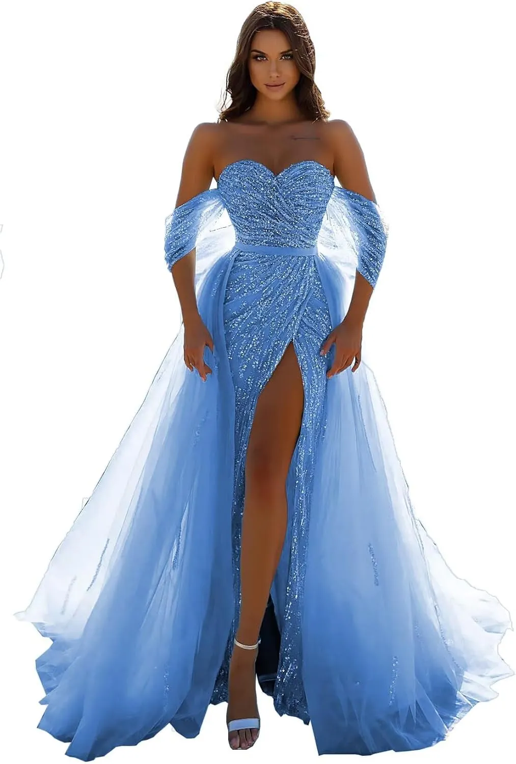 Glitter Sequin Prom Dresses 2024 Mermaid Slit Tulle Evening Sparkly Stretch Formal Gown with Undetachable Train DR0087