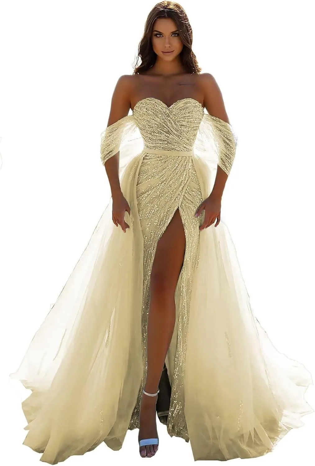 Glitter Sequin Prom Dresses 2024 Mermaid Slit Tulle Evening Sparkly Stretch Formal Gown with Undetachable Train DR0087