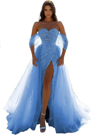 Glitter Sequin Prom Dresses 2024 Mermaid Slit Tulle Evening Sparkly Stretch Formal Gown with Undetachable Train DR0087