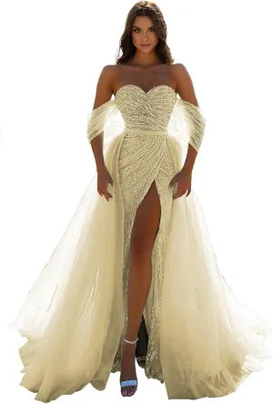 Glitter Sequin Prom Dresses 2024 Mermaid Slit Tulle Evening Sparkly Stretch Formal Gown with Undetachable Train DR0087