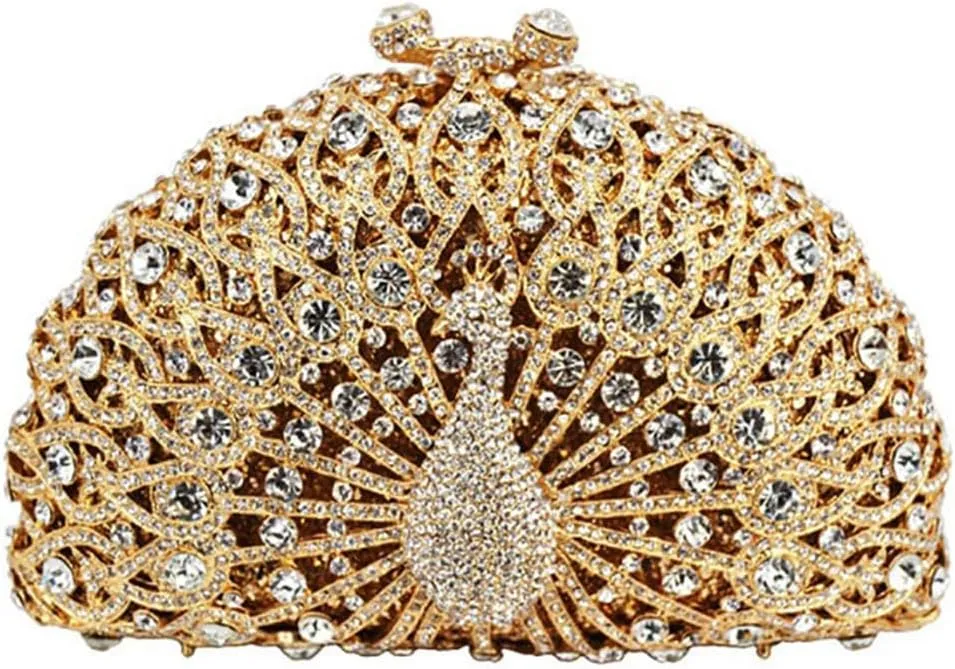 Glitter Women Peacock Crystal Clutch Seashell Handbag Animal Rhinestone Evening Clutch Bridal Purse for Prom Party