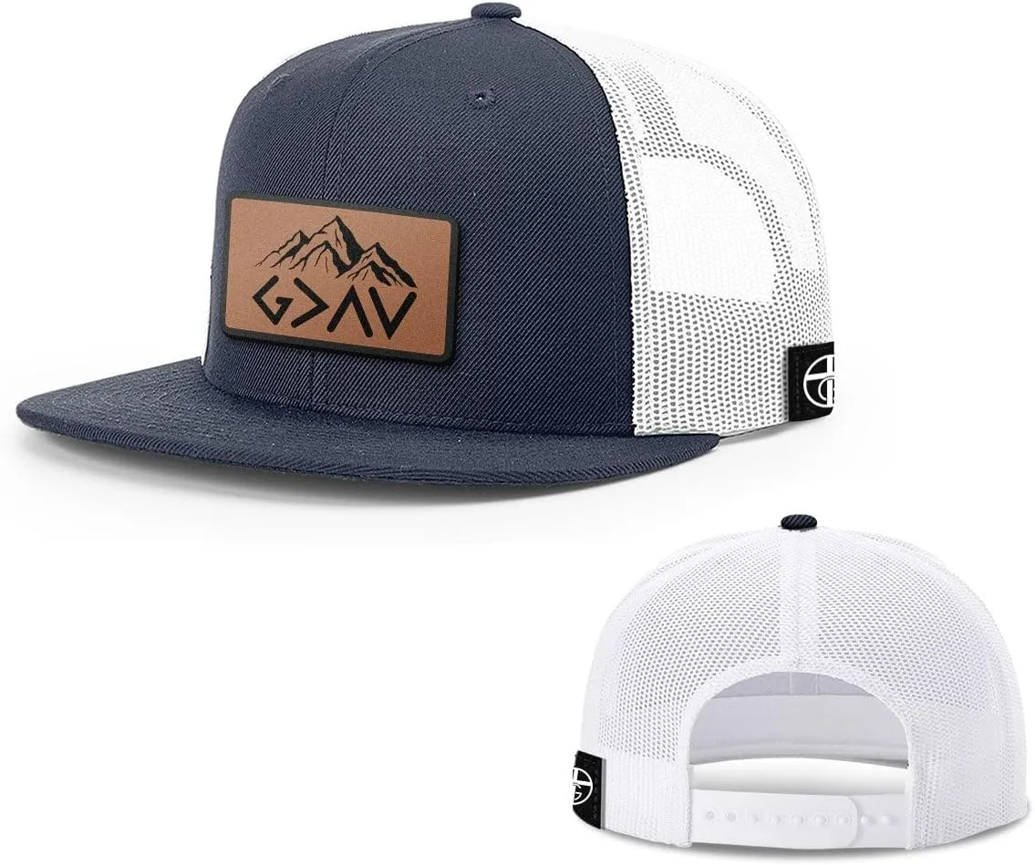 God is Greater Mountain Leather Flatbill Christian Trucker Hat - Fit Snapback Hat - Breathable Mesh Side for Casual Wear
