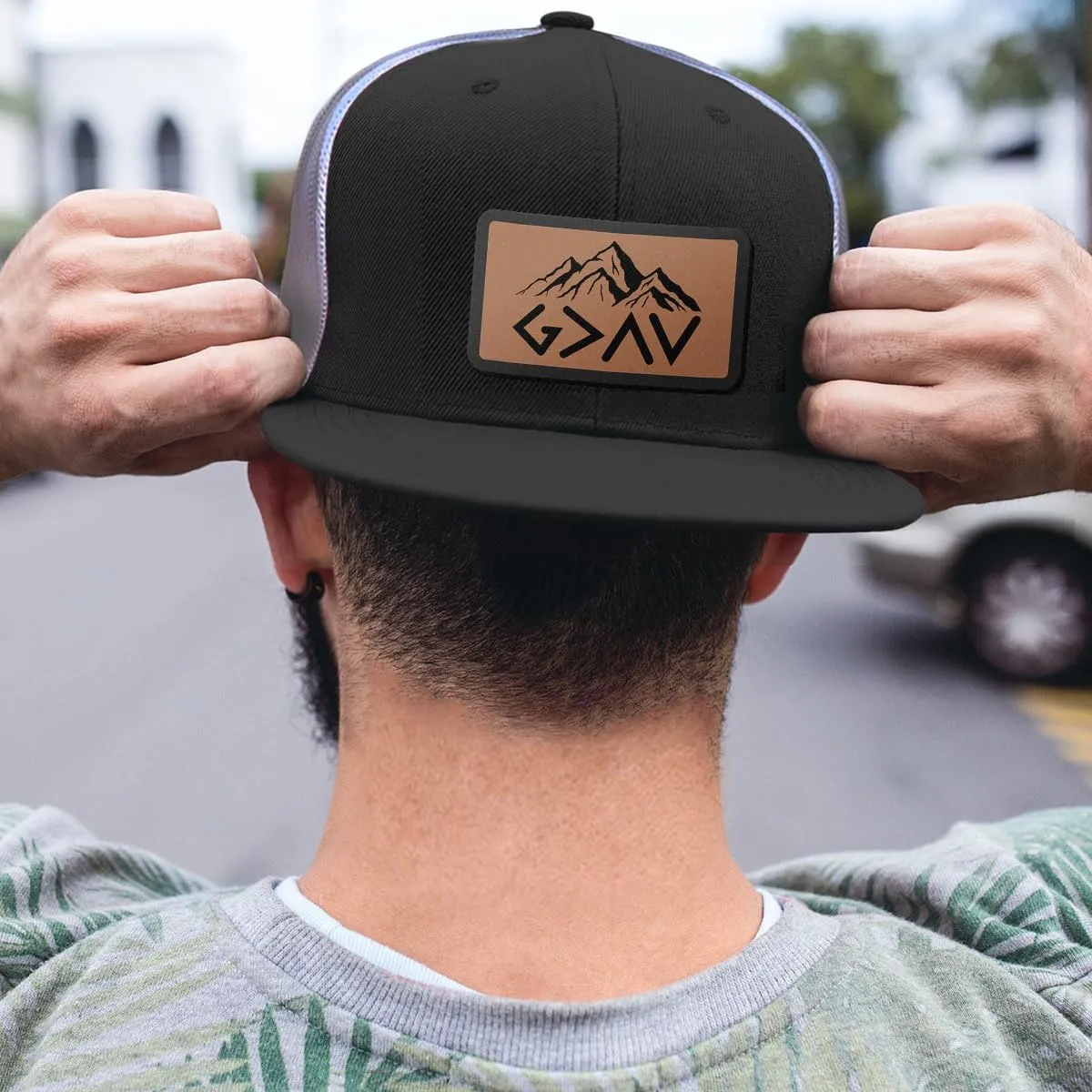 God is Greater Mountain Leather Flatbill Christian Trucker Hat - Fit Snapback Hat - Breathable Mesh Side for Casual Wear