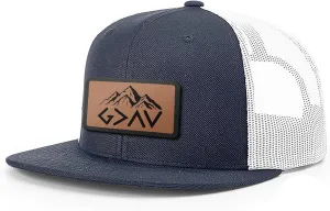 God is Greater Mountain Leather Flatbill Christian Trucker Hat - Fit Snapback Hat - Breathable Mesh Side for Casual Wear