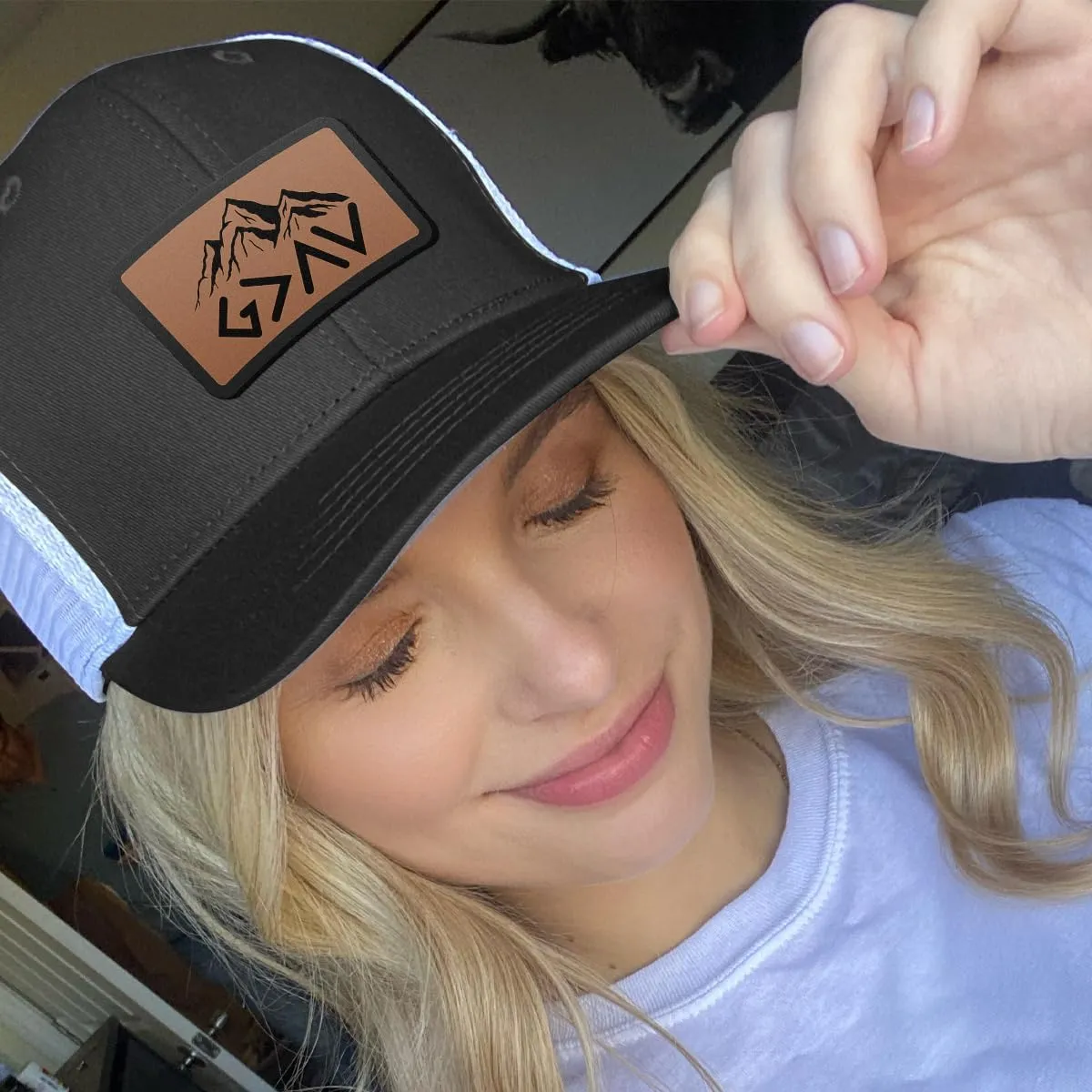 God is Greater Mountain Leather Flatbill Christian Trucker Hat - Fit Snapback Hat - Breathable Mesh Side for Casual Wear