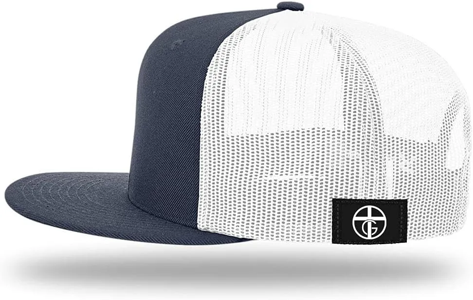 God is Greater Mountain Leather Flatbill Christian Trucker Hat - Fit Snapback Hat - Breathable Mesh Side for Casual Wear