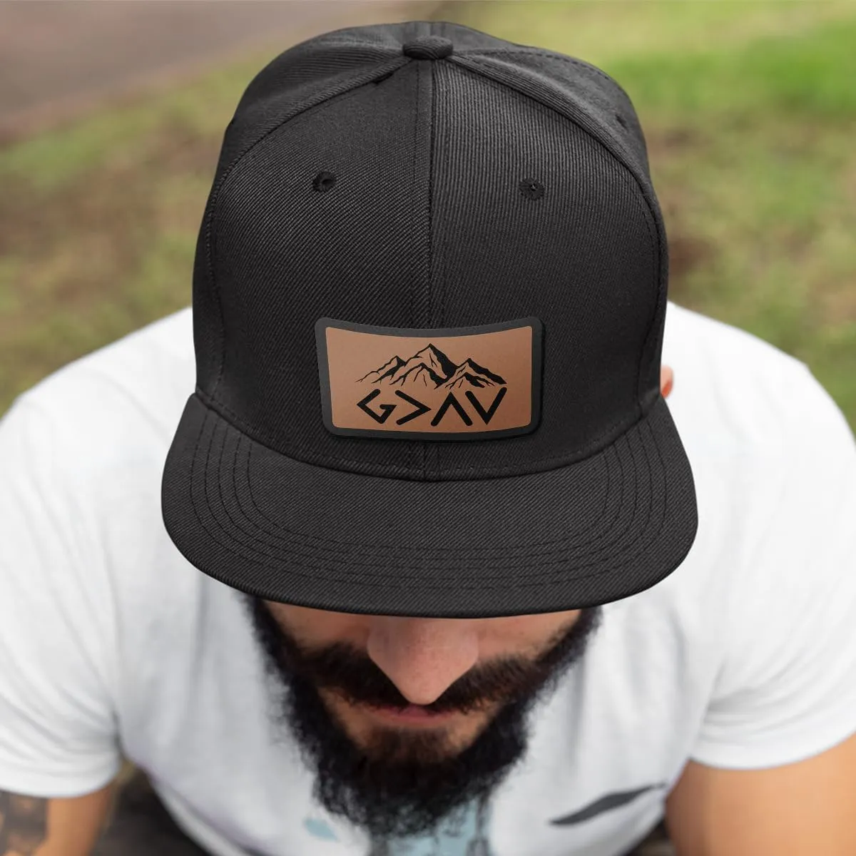 God is Greater Mountain Leather Flatbill Christian Trucker Hat - Fit Snapback Hat - Breathable Mesh Side for Casual Wear