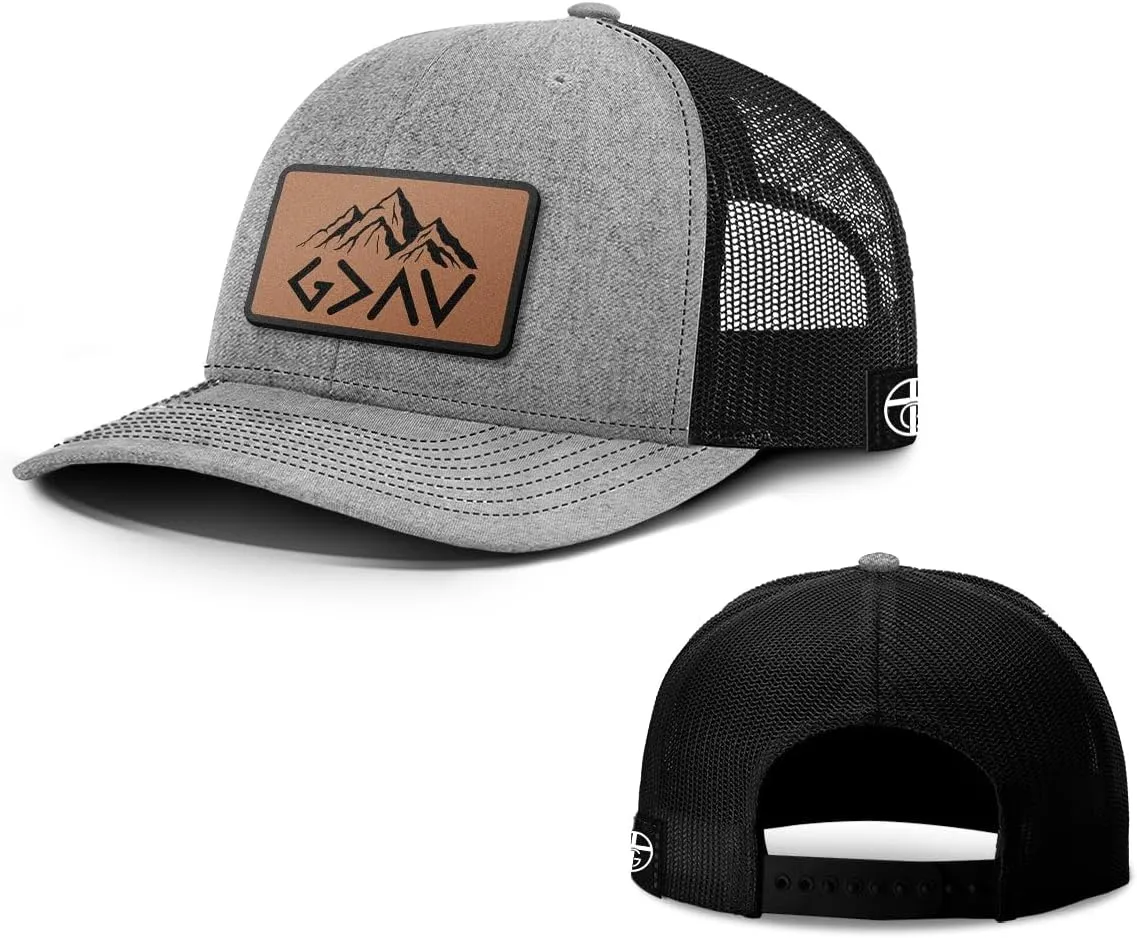 God is Greater Mountain Leather Patch Christian Trucker Hat - Fit Snapback Hat - Breathable Mesh Side for Casual Wear