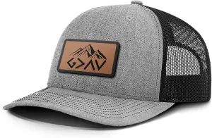 God is Greater Mountain Leather Patch Christian Trucker Hat - Fit Snapback Hat - Breathable Mesh Side for Casual Wear