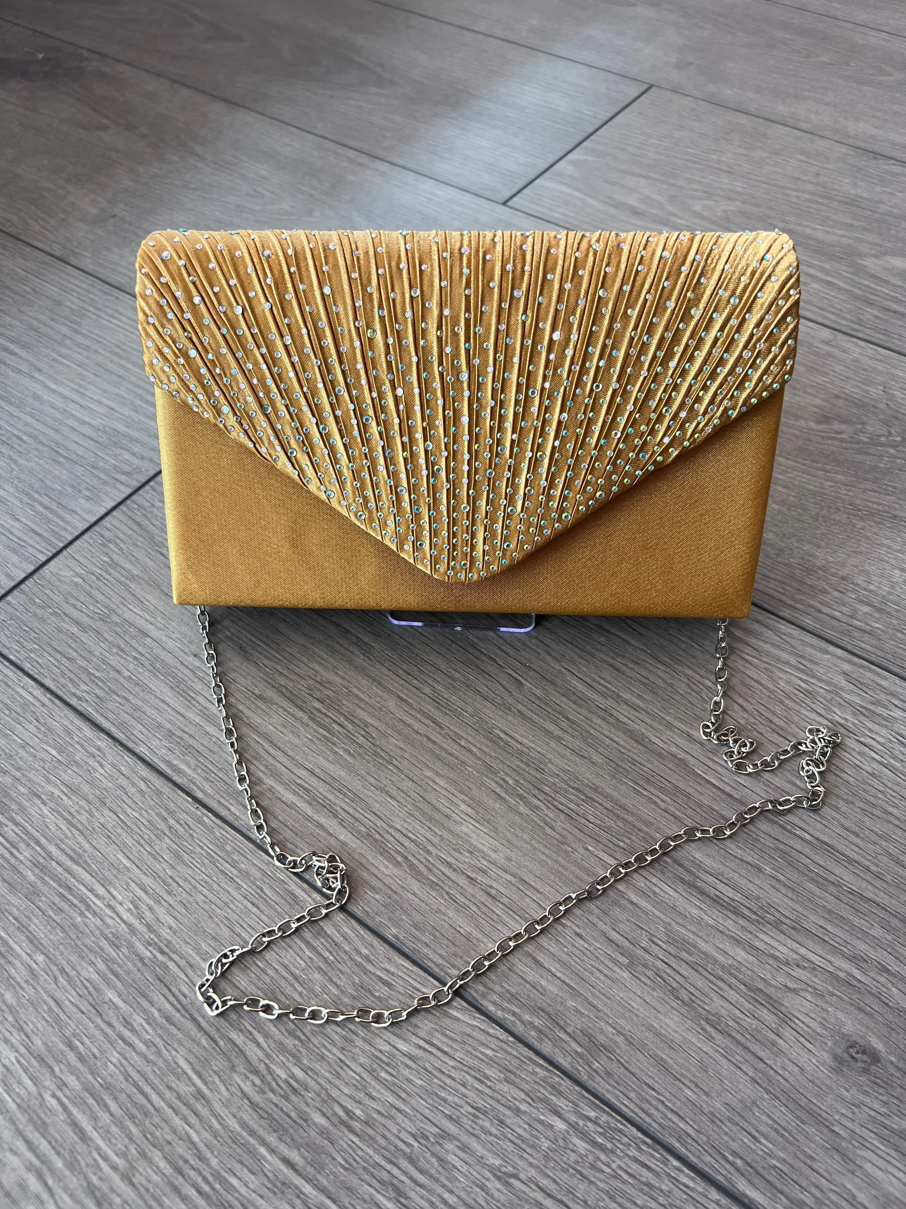 Gold Envelope Clutch Bag with Rhinestones