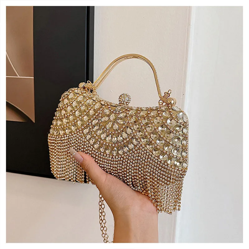 Gold Retro Elegant Daily Wedding Party Clutch Bag with Rhinestone & Tassel