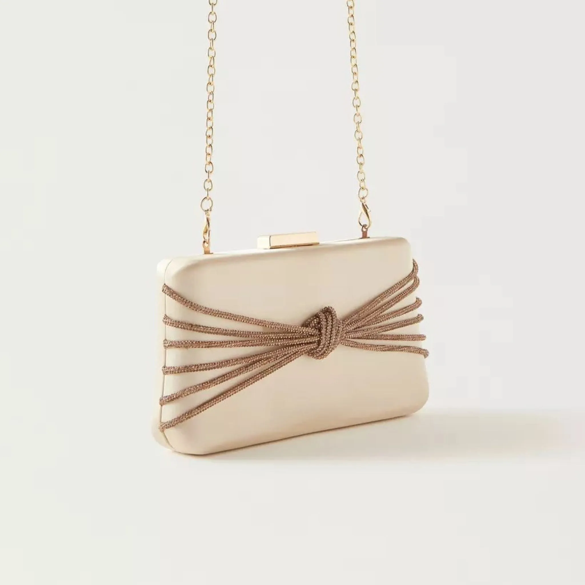 Gold Satin Box Clutch with Knot Detail