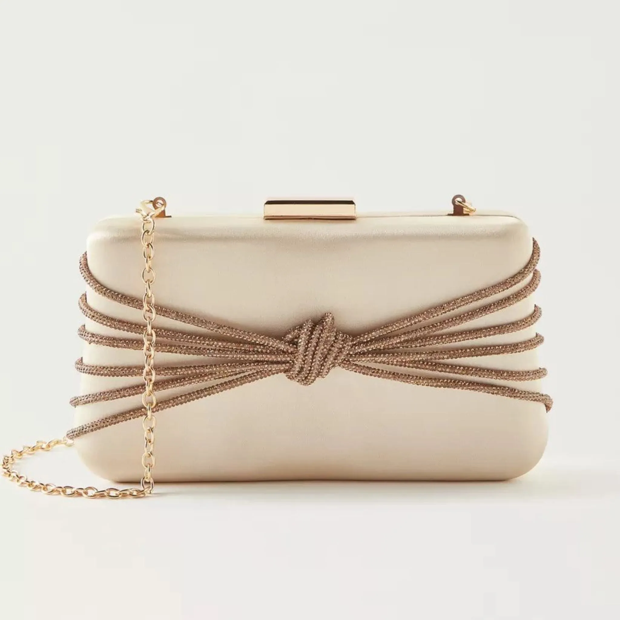 Gold Satin Box Clutch with Knot Detail