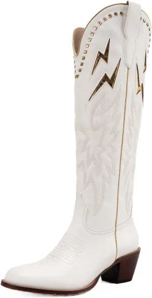 GORBINETI White Bone Lightning Boot for Women Pull on Knee High Cowgirl Cowboy City Boots Mid Chunky Heel Western Boots Embroidered Almond Toe Fashion Party Boots