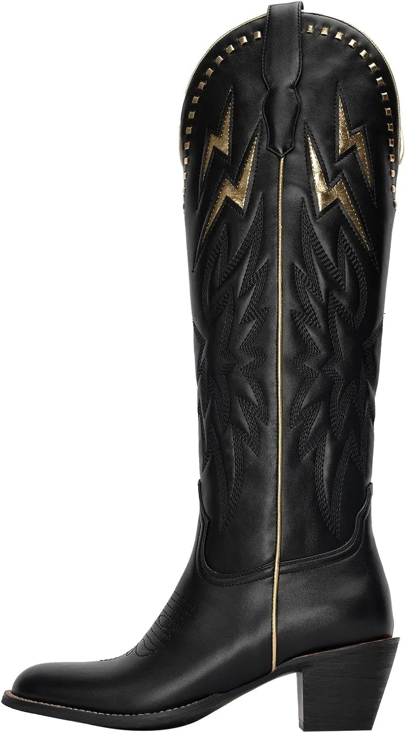 GORBINETI White Bone Lightning Boot for Women Pull on Knee High Cowgirl Cowboy City Boots Mid Chunky Heel Western Boots Embroidered Almond Toe Fashion Party Boots