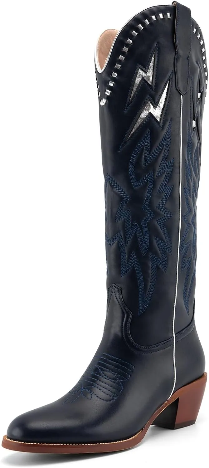 GORBINETI White Bone Lightning Boot for Women Pull on Knee High Cowgirl Cowboy City Boots Mid Chunky Heel Western Boots Embroidered Almond Toe Fashion Party Boots