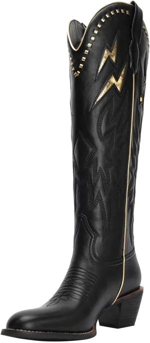 GORBINETI White Bone Lightning Boot for Women Pull on Knee High Cowgirl Cowboy City Boots Mid Chunky Heel Western Boots Embroidered Almond Toe Fashion Party Boots