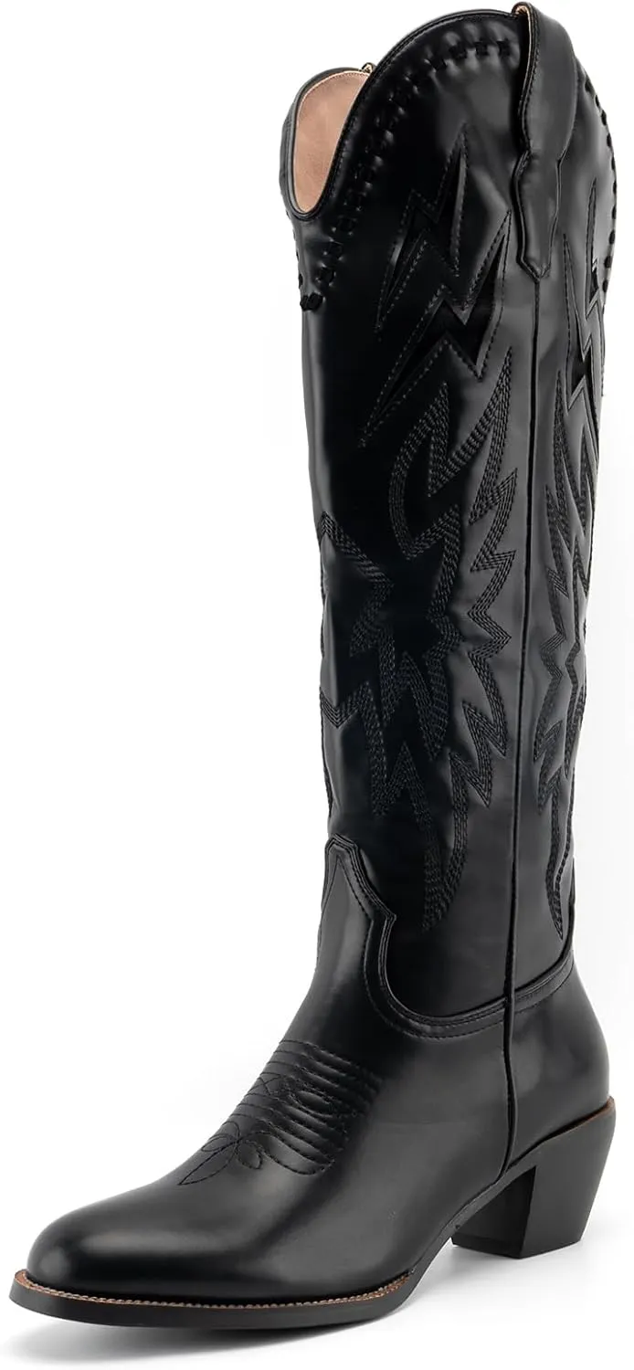GORBINETI White Bone Lightning Boot for Women Pull on Knee High Cowgirl Cowboy City Boots Mid Chunky Heel Western Boots Embroidered Almond Toe Fashion Party Boots