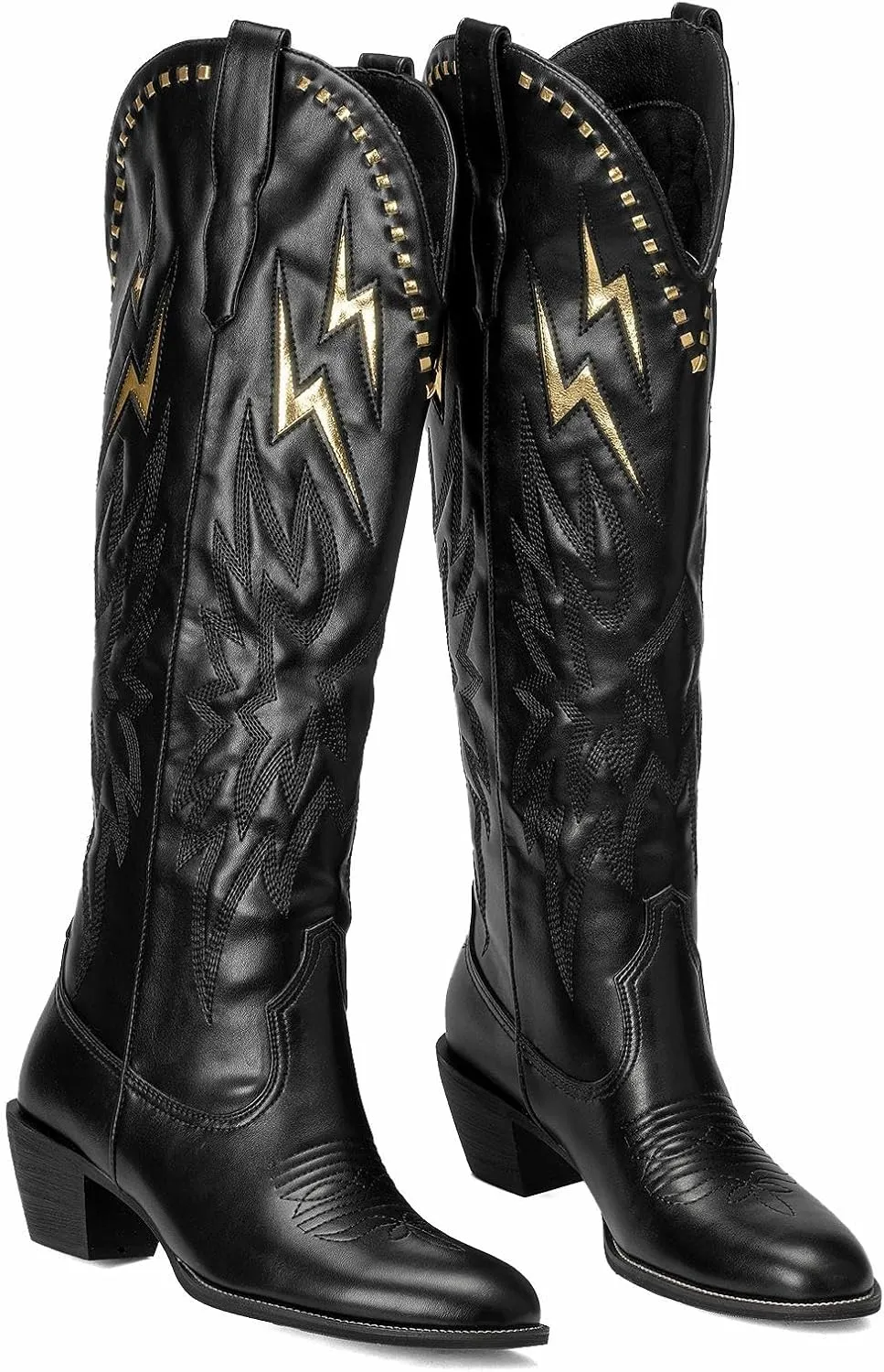 GORBINETI White Bone Lightning Boot for Women Pull on Knee High Cowgirl Cowboy City Boots Mid Chunky Heel Western Boots Embroidered Almond Toe Fashion Party Boots