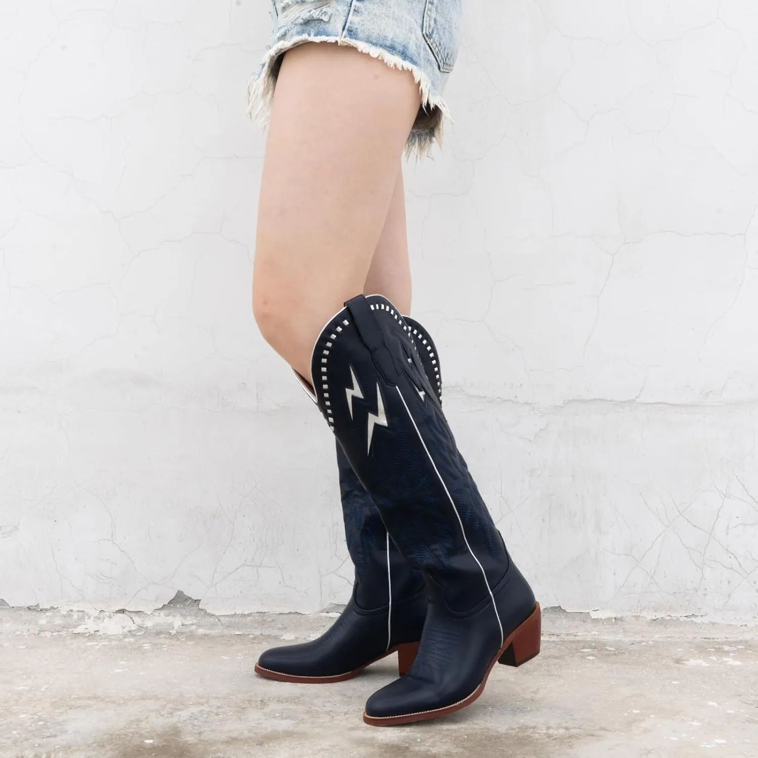 GORBINETI White Bone Lightning Boot for Women Pull on Knee High Cowgirl Cowboy City Boots Mid Chunky Heel Western Boots Embroidered Almond Toe Fashion Party Boots