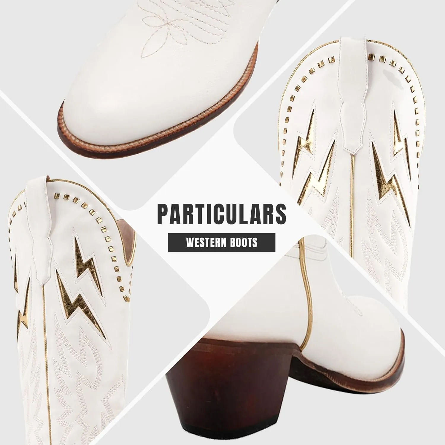 GORBINETI White Bone Lightning Boot for Women Pull on Knee High Cowgirl Cowboy City Boots Mid Chunky Heel Western Boots Embroidered Almond Toe Fashion Party Boots