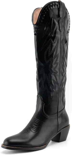 GORBINETI White Bone Lightning Boot for Women Pull on Knee High Cowgirl Cowboy City Boots Mid Chunky Heel Western Boots Embroidered Almond Toe Fashion Party Boots