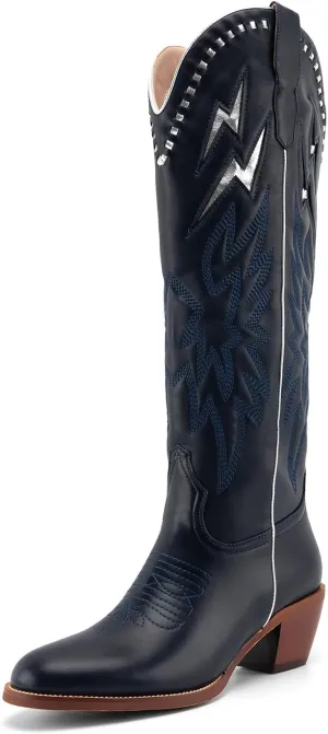 GORBINETI White Bone Lightning Boot for Women Pull on Knee High Cowgirl Cowboy City Boots Mid Chunky Heel Western Boots Embroidered Almond Toe Fashion Party Boots