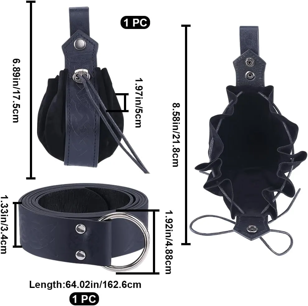 GORGECRAFT 2 Pcs Medieval Viking Belt Pouch Retro Black Faux Leather O Ring Belt with Knot Embossed Portable Drawstring Purse Renaissance Dice Bag Set for Halloween Cosplay Costume Accessories