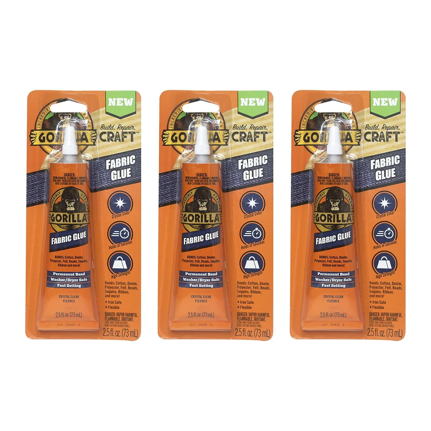 Gorilla Fabric Glue, 100% Waterproof, No Sew Solution, Washer/Dryer Safe, Permanent Bond, 2.5fl oz/73ml, Clear, (Pack of 3))
