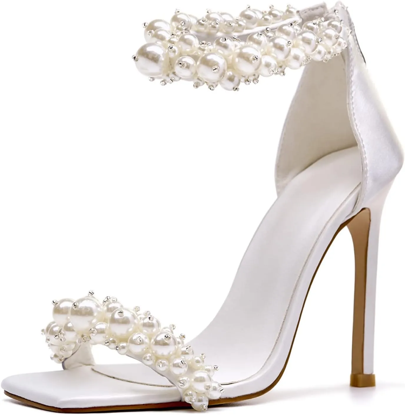 GOSERCE Women's Pearl Stiletto Heels Sandals Open Square Toe Pumps High Heels Ankle Back Zipper Satin Prom Wedding Party Dress for Women Heeled